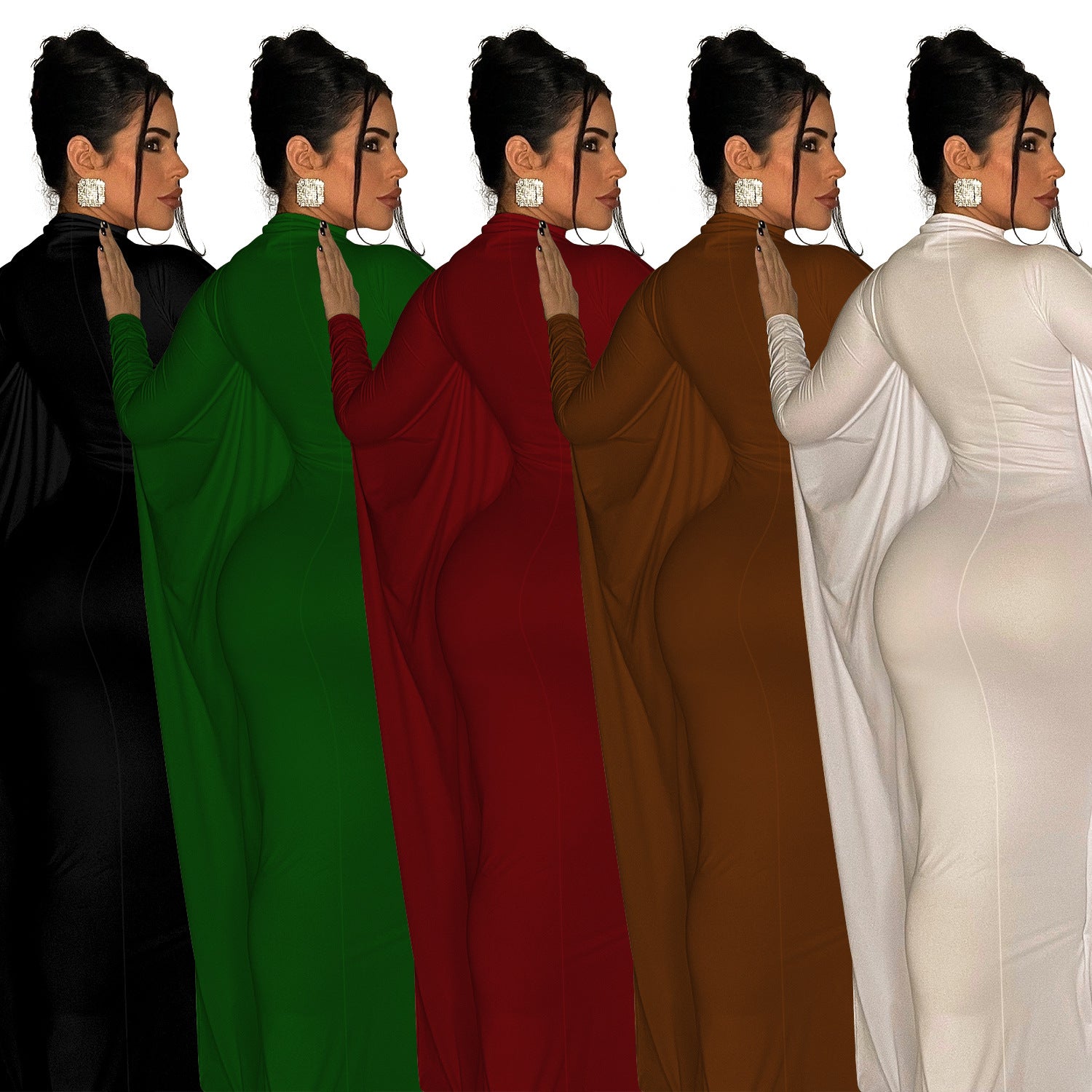 Women's fashion solid color bat style long-sleeved long dress 10