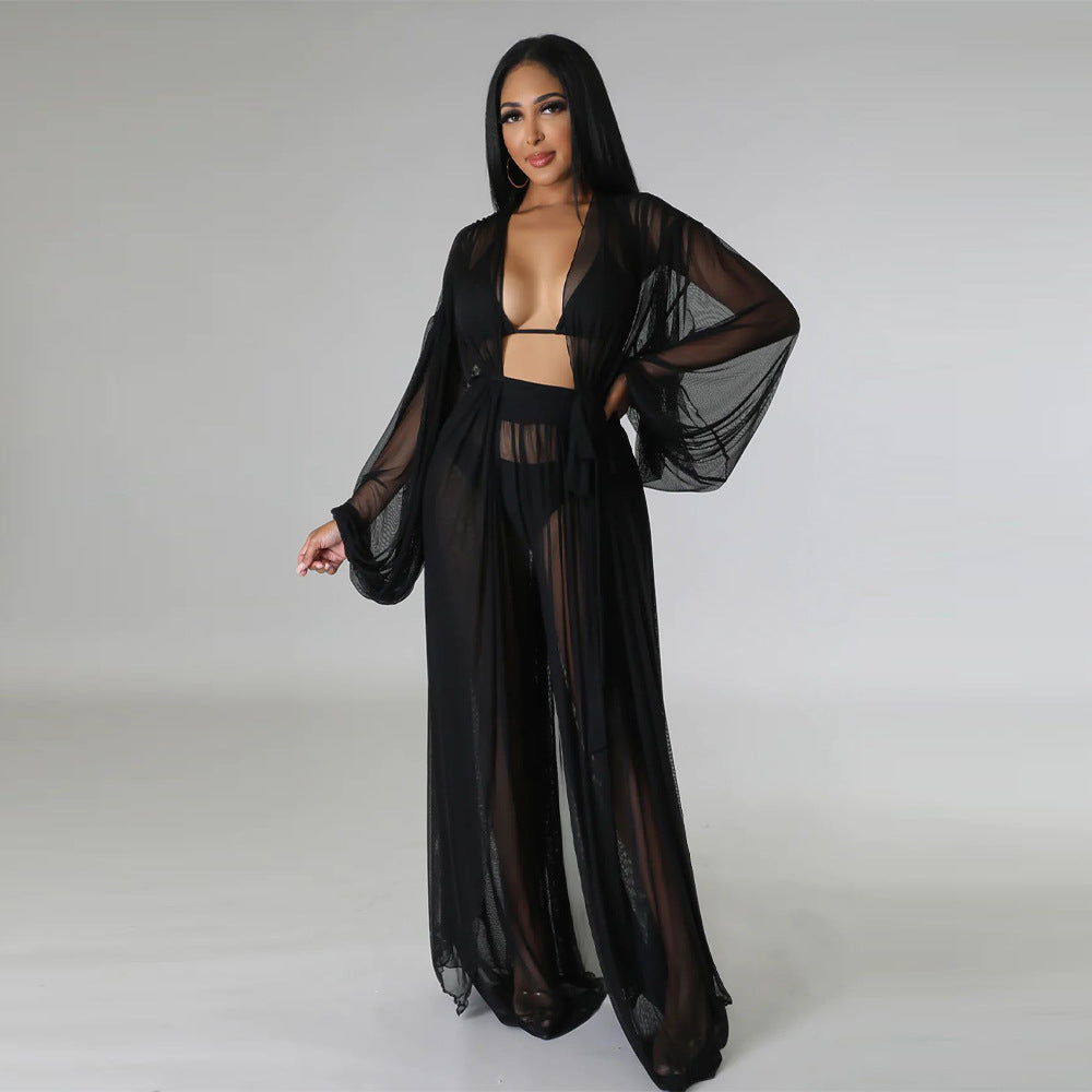 Fashion Ladies Solid Color Bat Sleeves Sexy See-Through Long Sleeve Pant Set 8