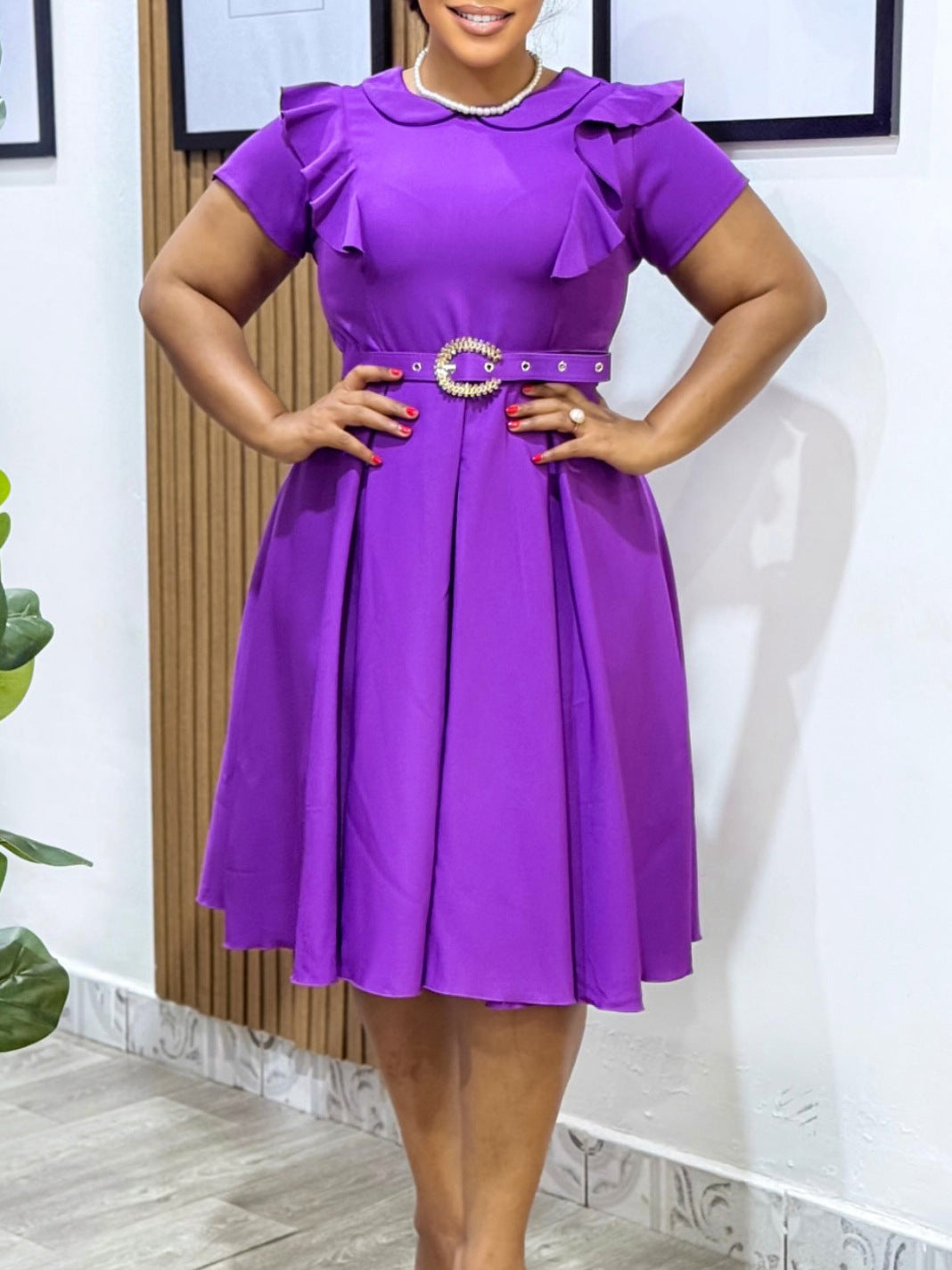 Women's Short Sleeve Peter Pan Collar Solid Color Ruffle High-Waist Swing Dress 8