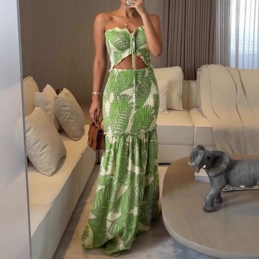 Women spring summer Halter Neck printed pleated casual lace Holidays dress 6