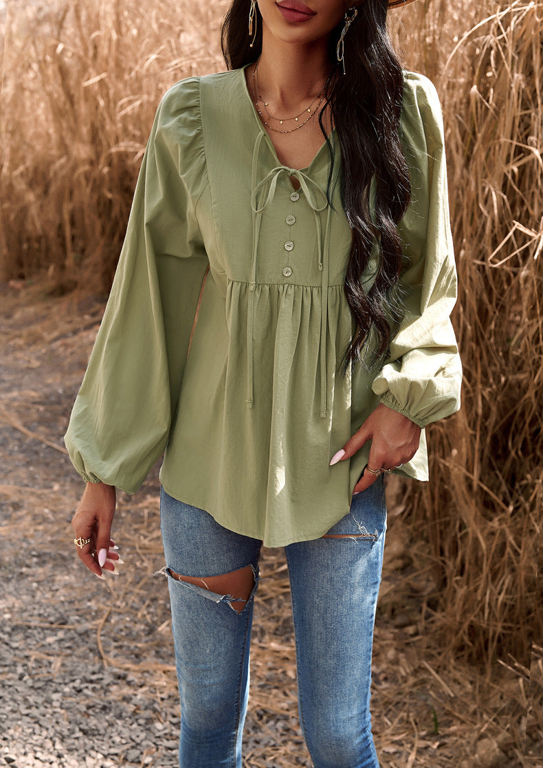 Women Chic Career Solid V Neck Long Sleeve Top 16