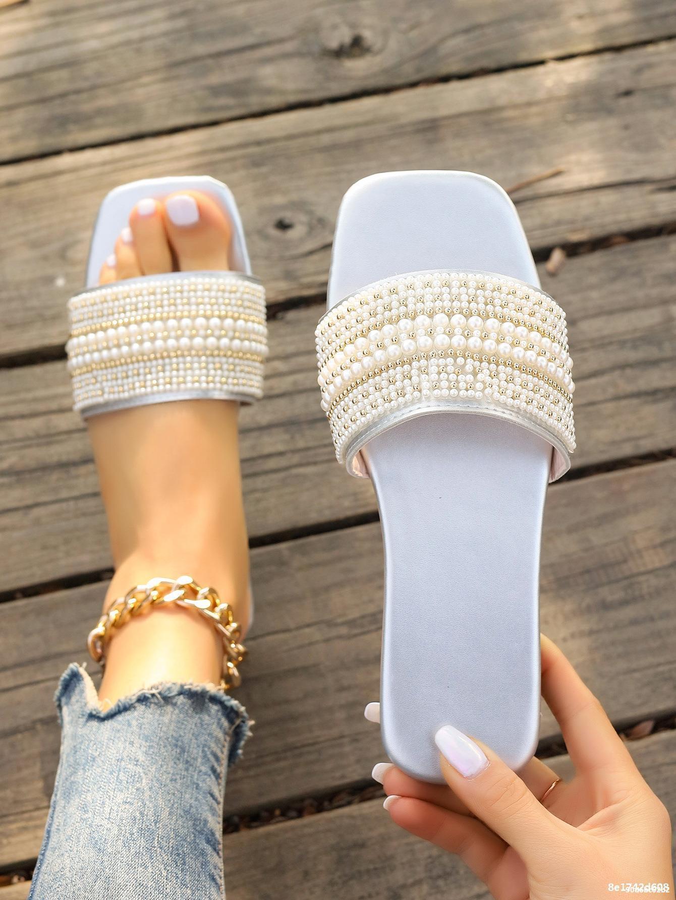 Plus Size women's square toe rhinestone beach sandals beaded flat bottom flip flops slipper 23