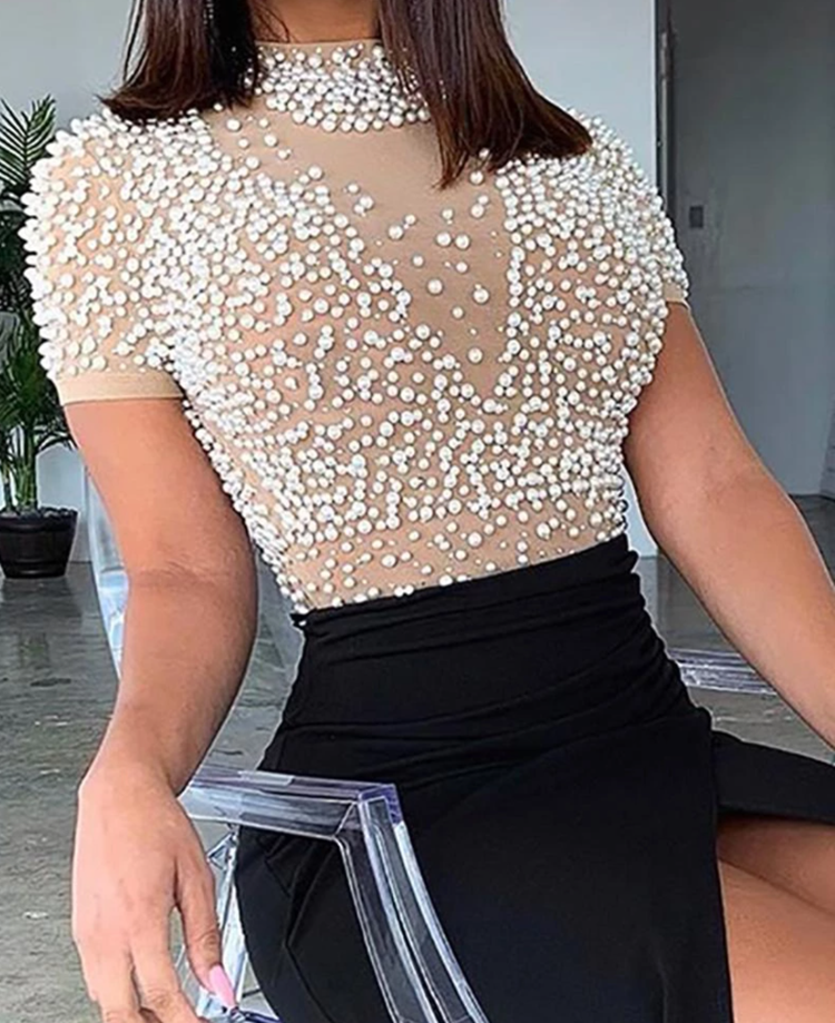 Women Sexy See-Through Beaded Hairstyle Round Neck Short Sleeve Dress 6