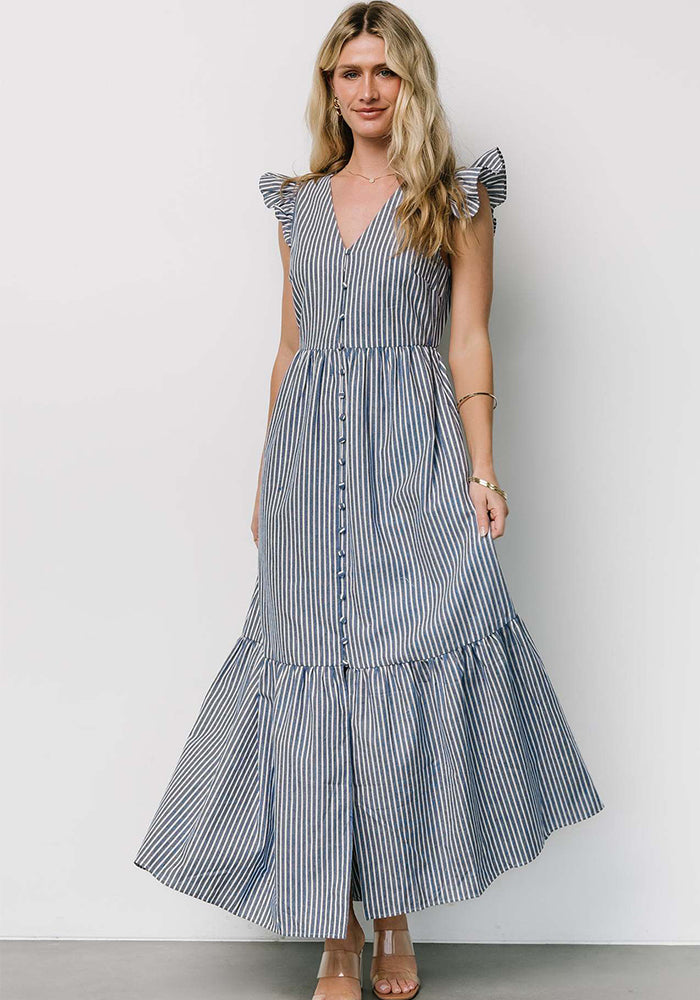 Women's Striped Print Holiday Long Dress Bohemian V-Neck Shirt Dress