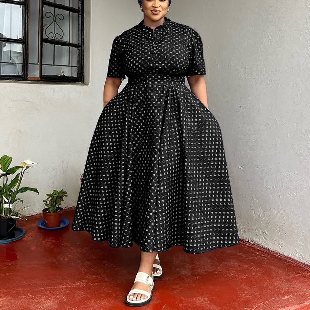 Summer Plus Size Women's Short Sleeved V neck Bohemian Polk Dot Print Long Dress 3