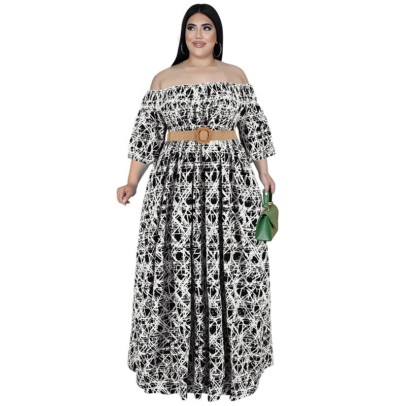 Plus Size Women Fall Off Shoulder Long Sleeve Dress with Belt