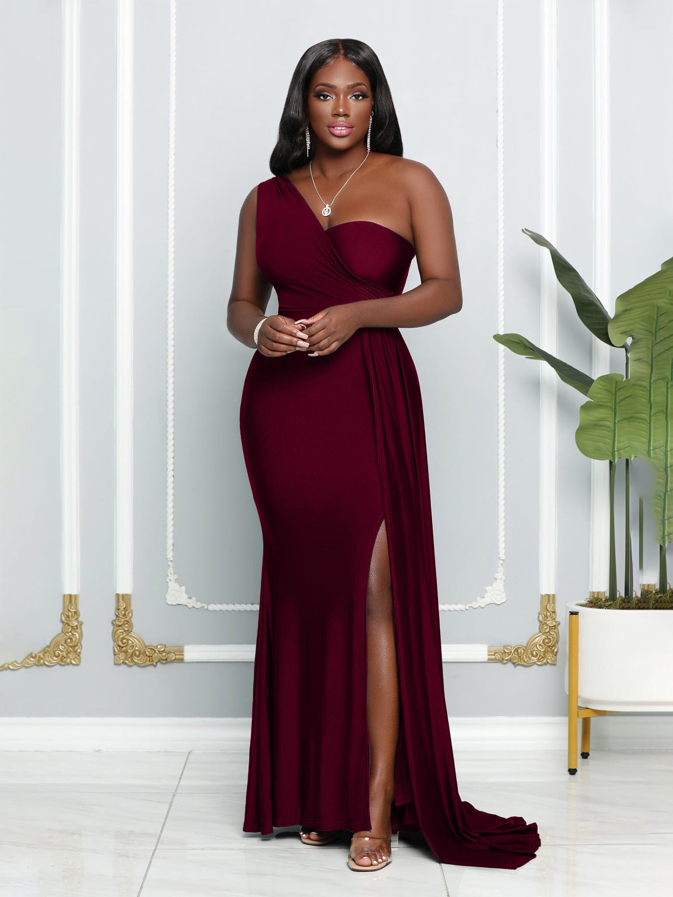 Women's Sleeveless One-Shoulder Sexy High Waist Split Evening Dress 6