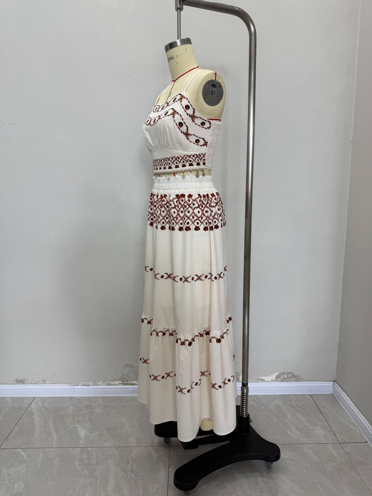 Women Bohemian Holidays Print Beach Tassel Ribbon Suspender Top and Skirt Two-piece Set 7