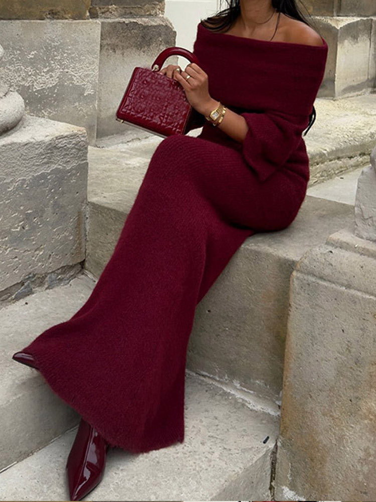 Burgunry Off-Shoulder Slim Long-Sleeved Knitting Long Dress