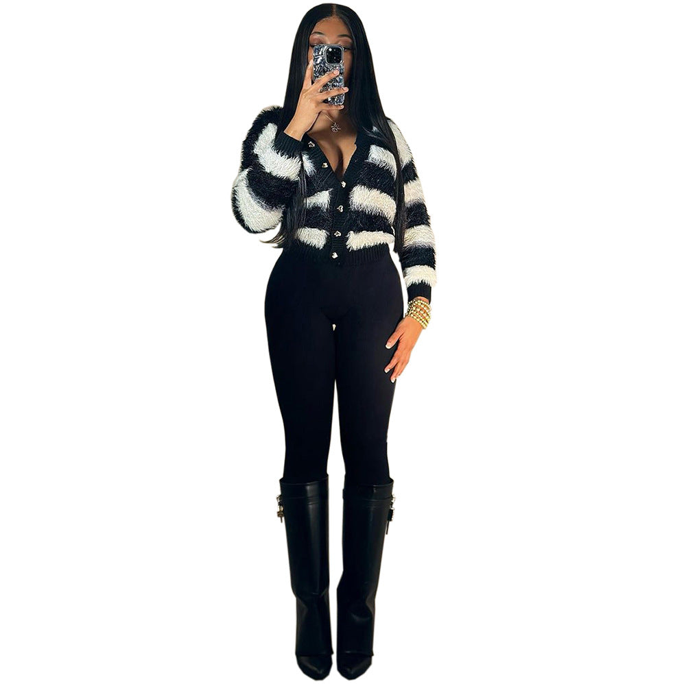 Women winter black and white striped single-breasted cardigan knitting shirt 6