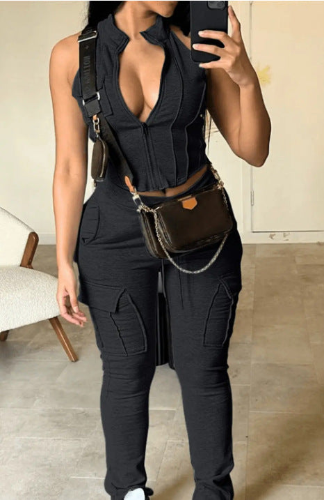 Stylish Zipper Pocket Sleeveless Two Piece Pants Set 4