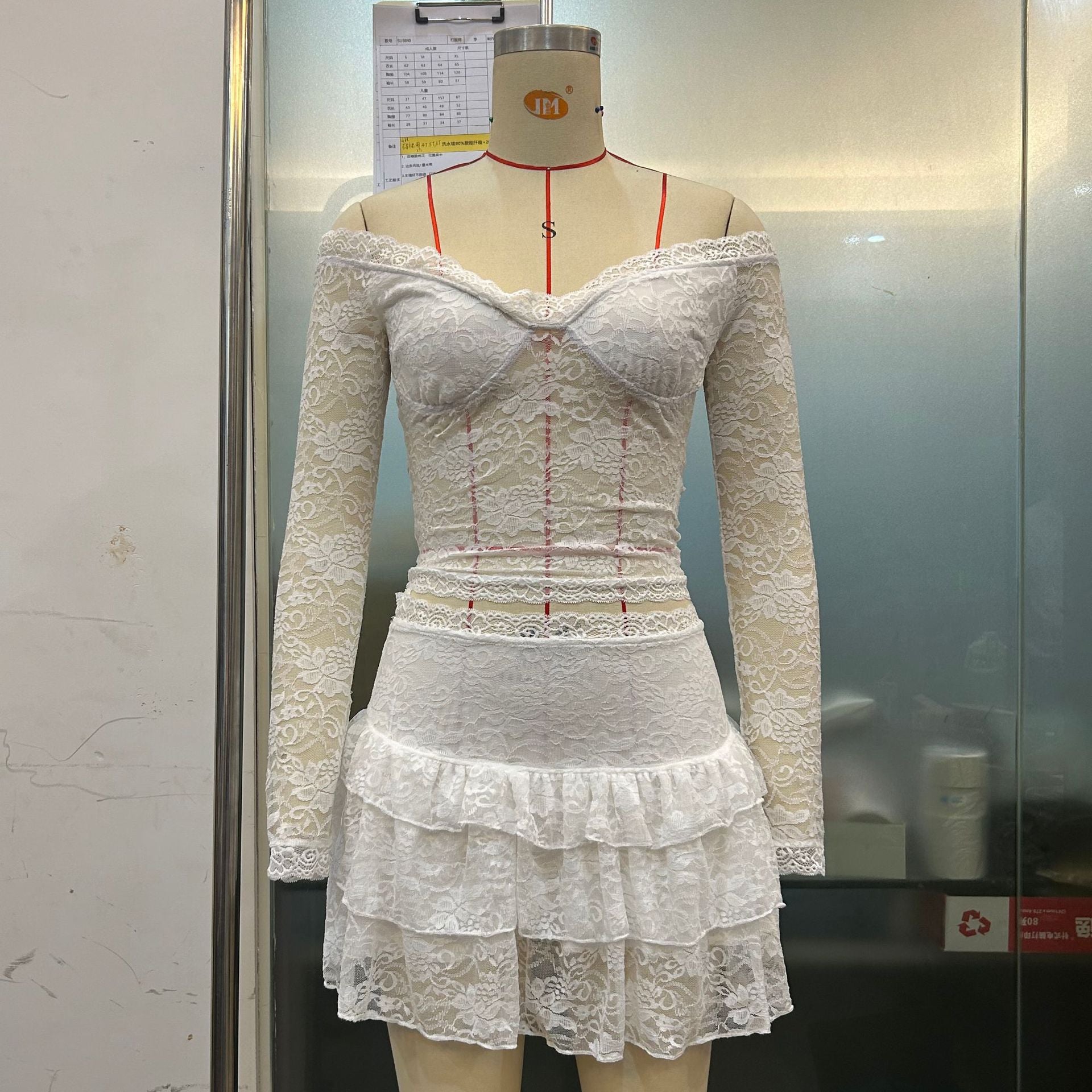 Women's Mesh Lace Trim Sexy Long Sleeve Top with Tiered Mini Skirt Two-Piece Set 8