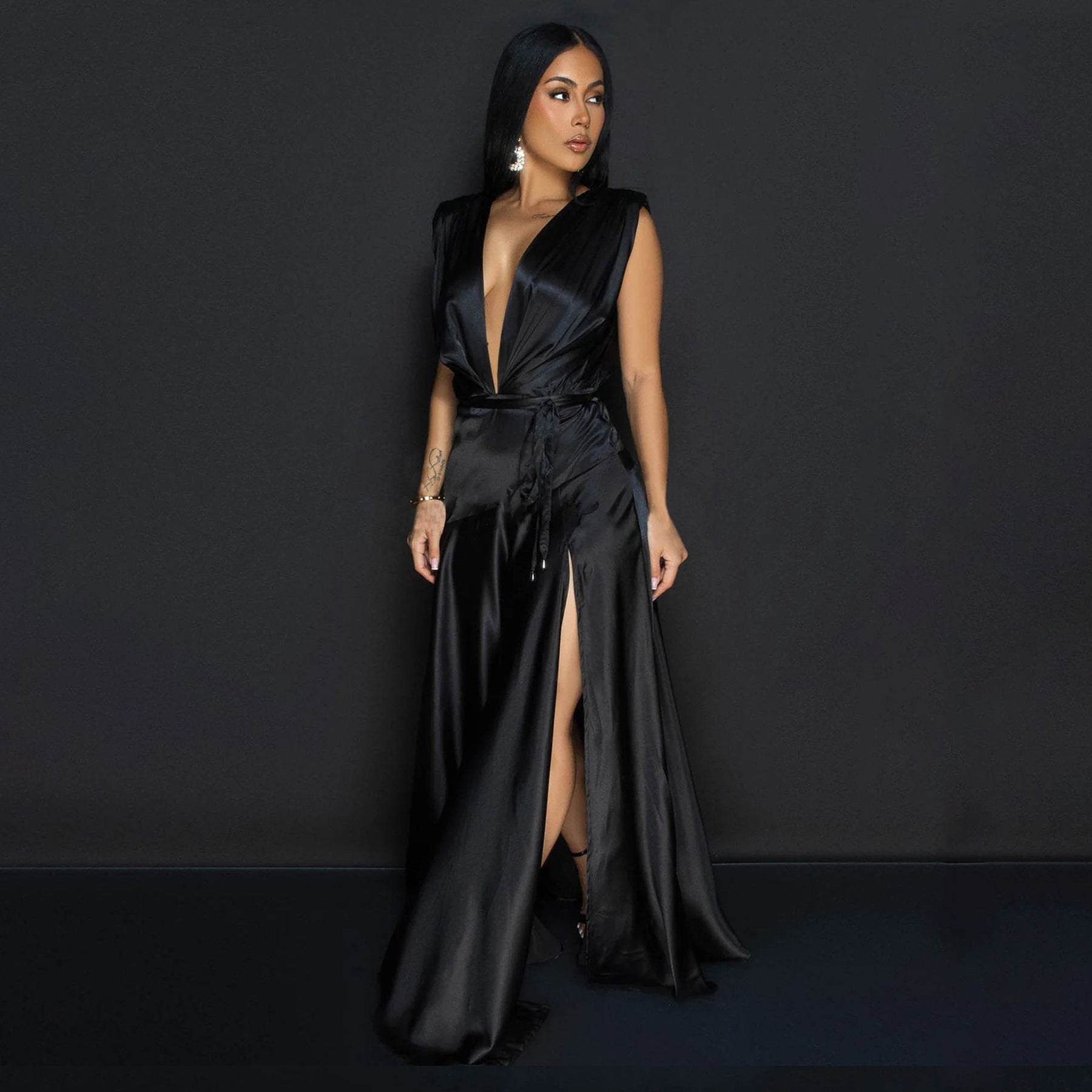 Fashionable Women's Sexy Deep V-Neck Sleeveless High Slit Long Dress