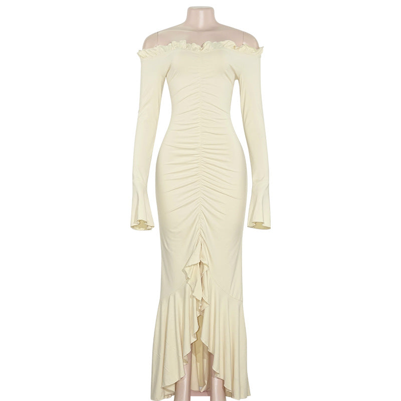 Autumn Solid Color Off Shoulder Long-Sleeved Sexy Slit Slim Women's Dress 8