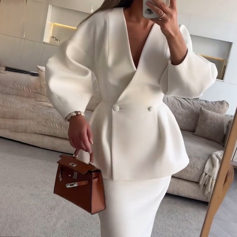 Women Solid Button Puff Sleeve Top and Skirt Two Piece Set