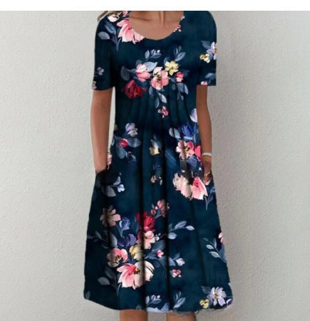 Spring and Summer Plus-Size Elegant Round Neck Print Casual Dress 13