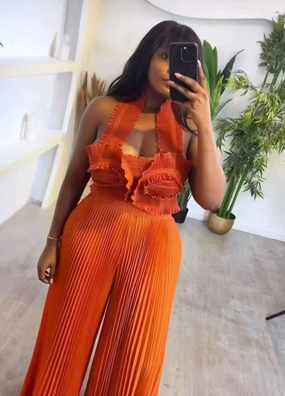 African Pleated Sexy Strap Top Pleated Wide-Leg Pants Two-Piece Set 3