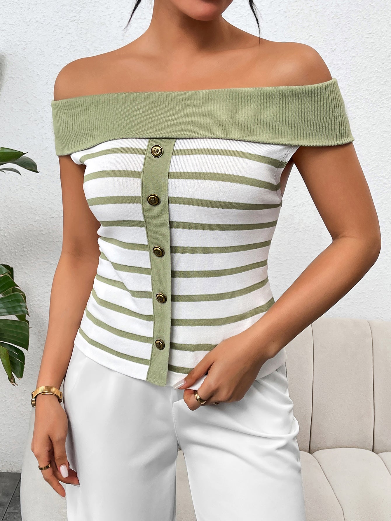 Spring/Summer Women's Fashion Long-Sleeve Striped Off-Shoulder Knit Top 29