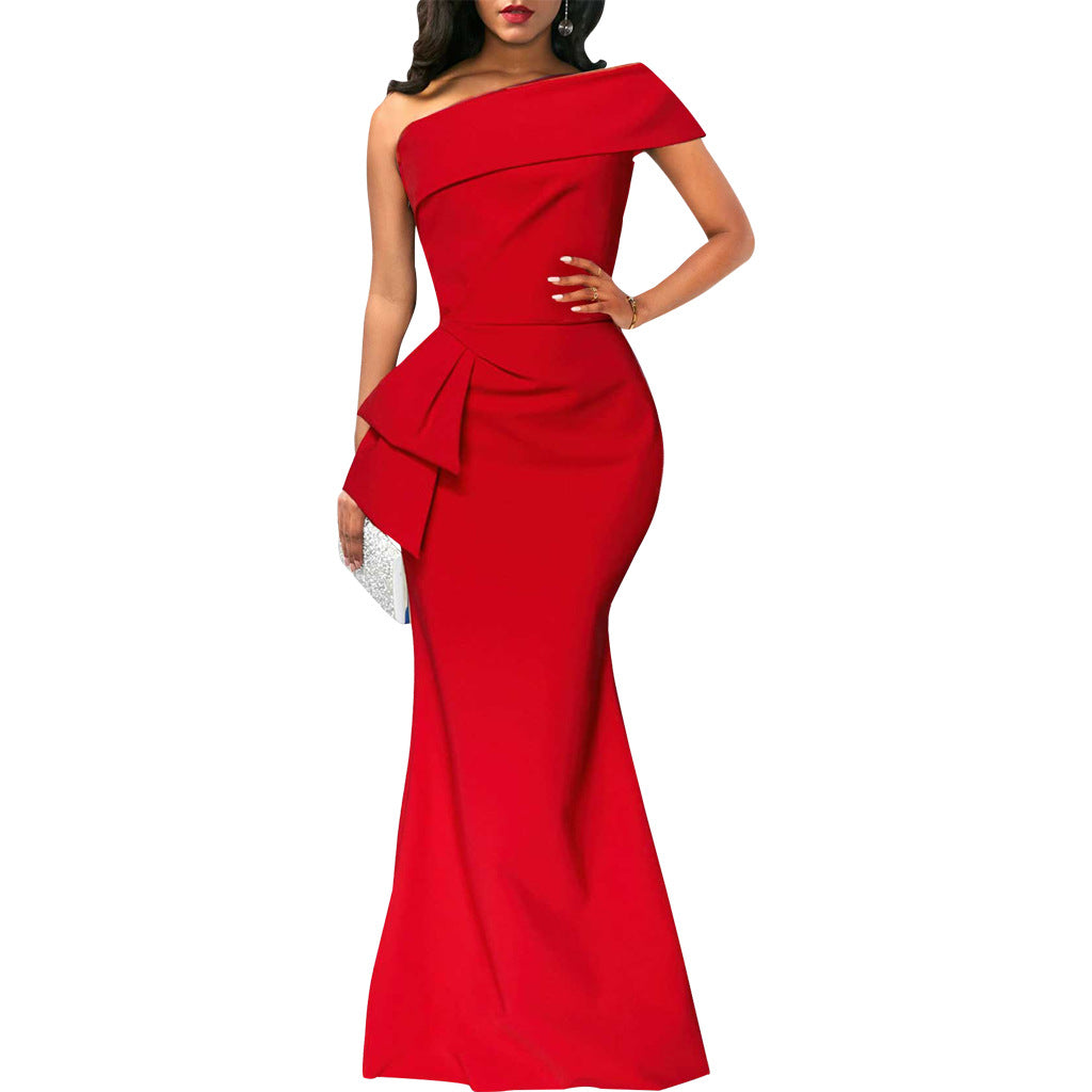 Women Sexy Solid One Shoulder Diagonal Irregular Dress 7