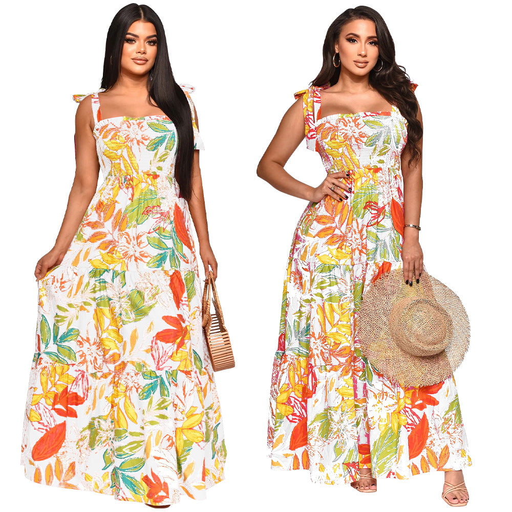 Women Off Shoulder Sleeveless Tie Print Beach Dress 5