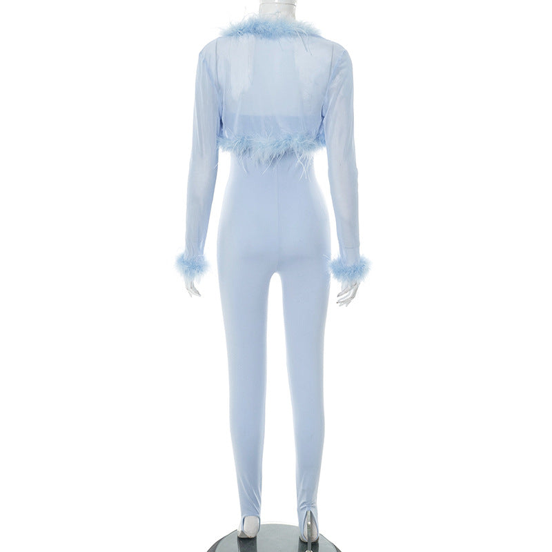 Women's Fur Collar Mesh Long Sleeve Cape Strapless Tight Fitting Jumpsuit Two-Piece Set 8