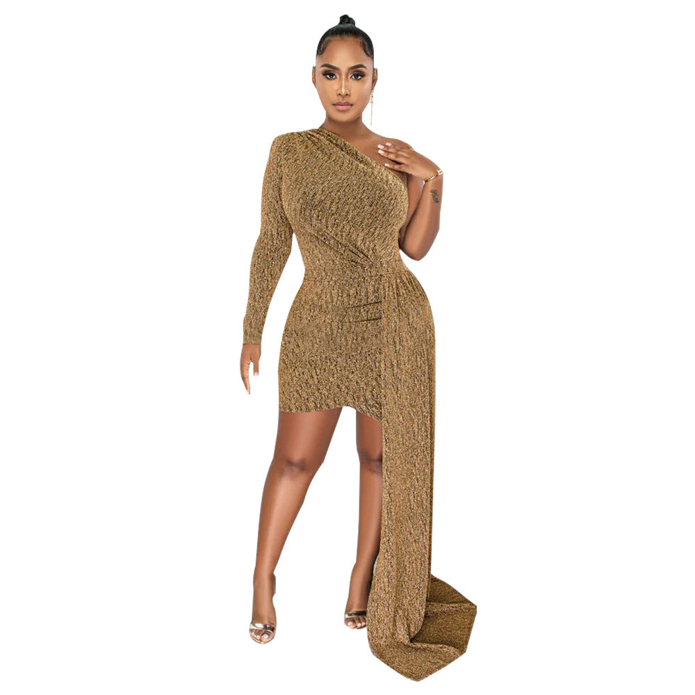 Women'S Fall Slash Shoulder Plain Patch Bodycon Dress 3