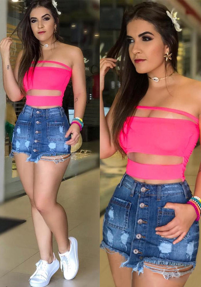 Spring Summer Women's Ripped Tight Fitting Bodycon Denim Skirt