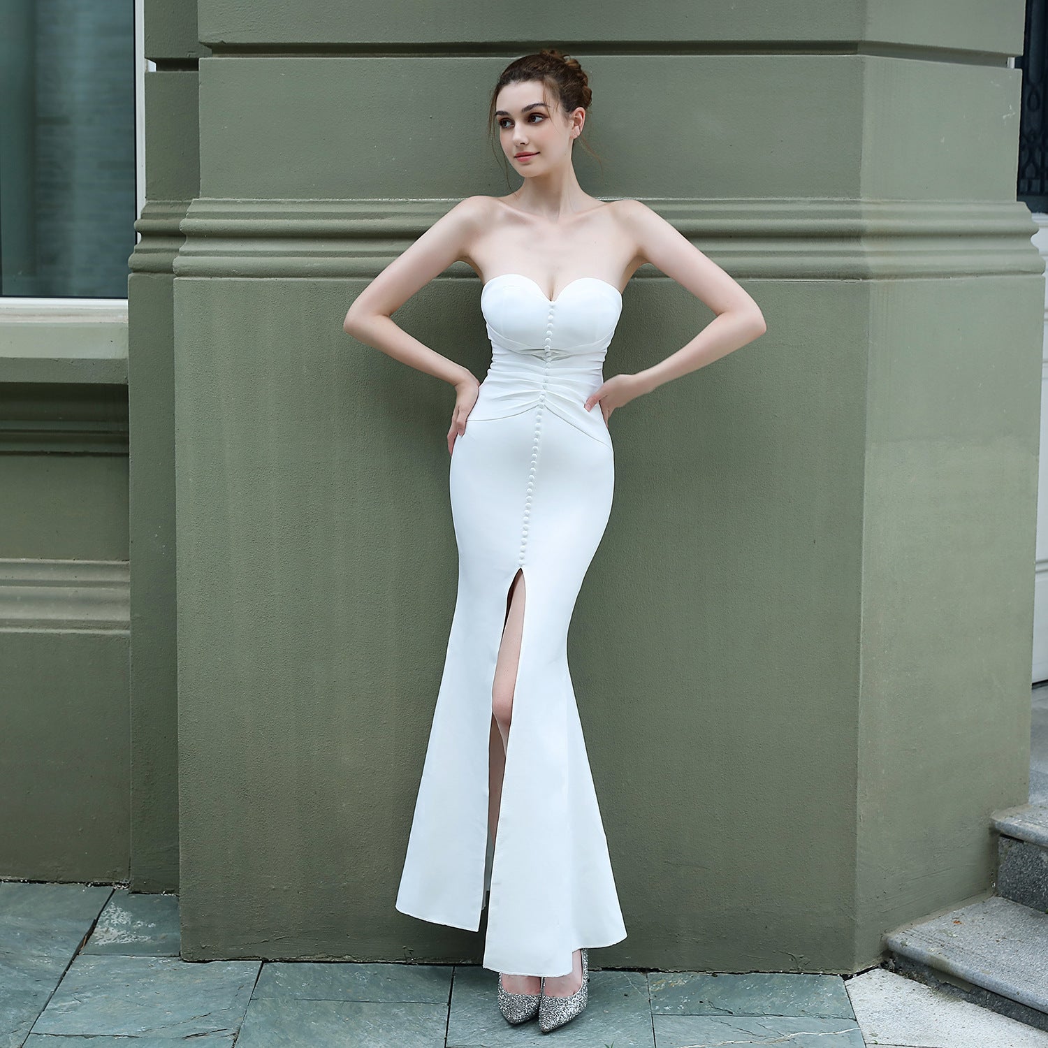 Summer front slit strapless mermaid evening dress