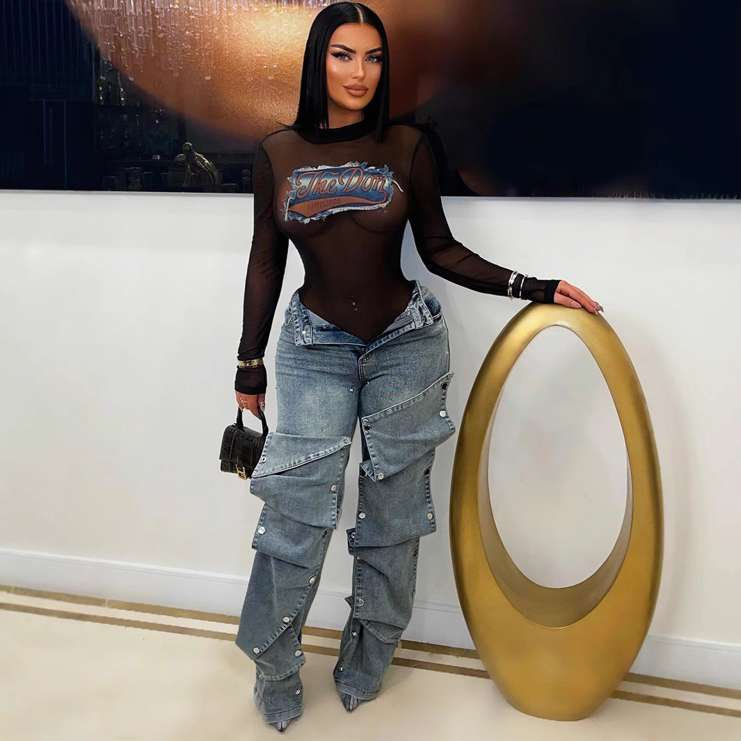 Women's street trend straight denim pants 3