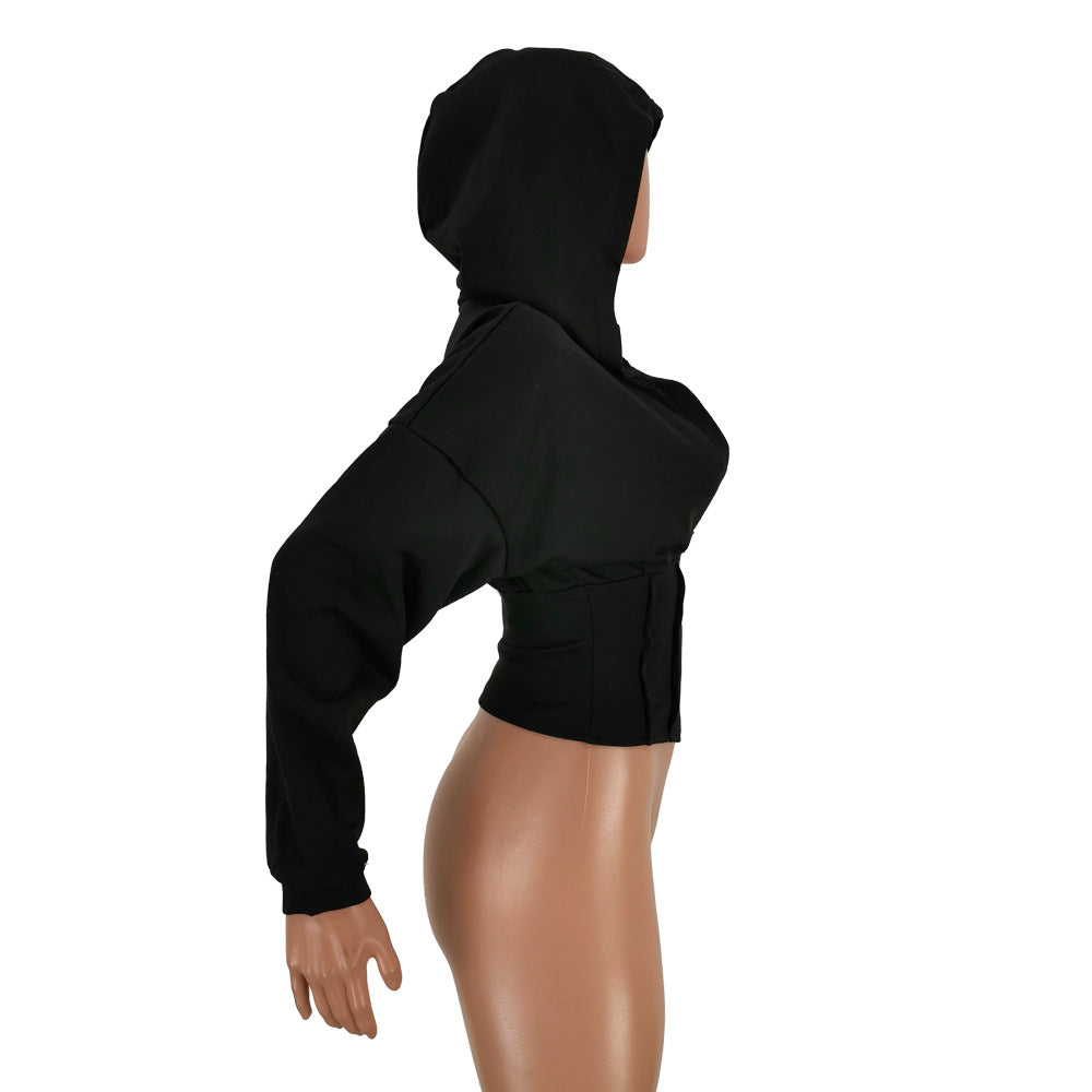 Women Sexy Elastic Waist Loose Hooded Zipper Top 28