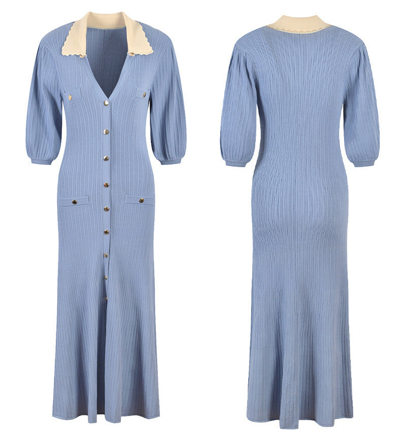 Fashion V-Neck Puff Sleeve Slit Long Sweater Dress Single-Breasted Chic Slim Waist Knitting Dress 7