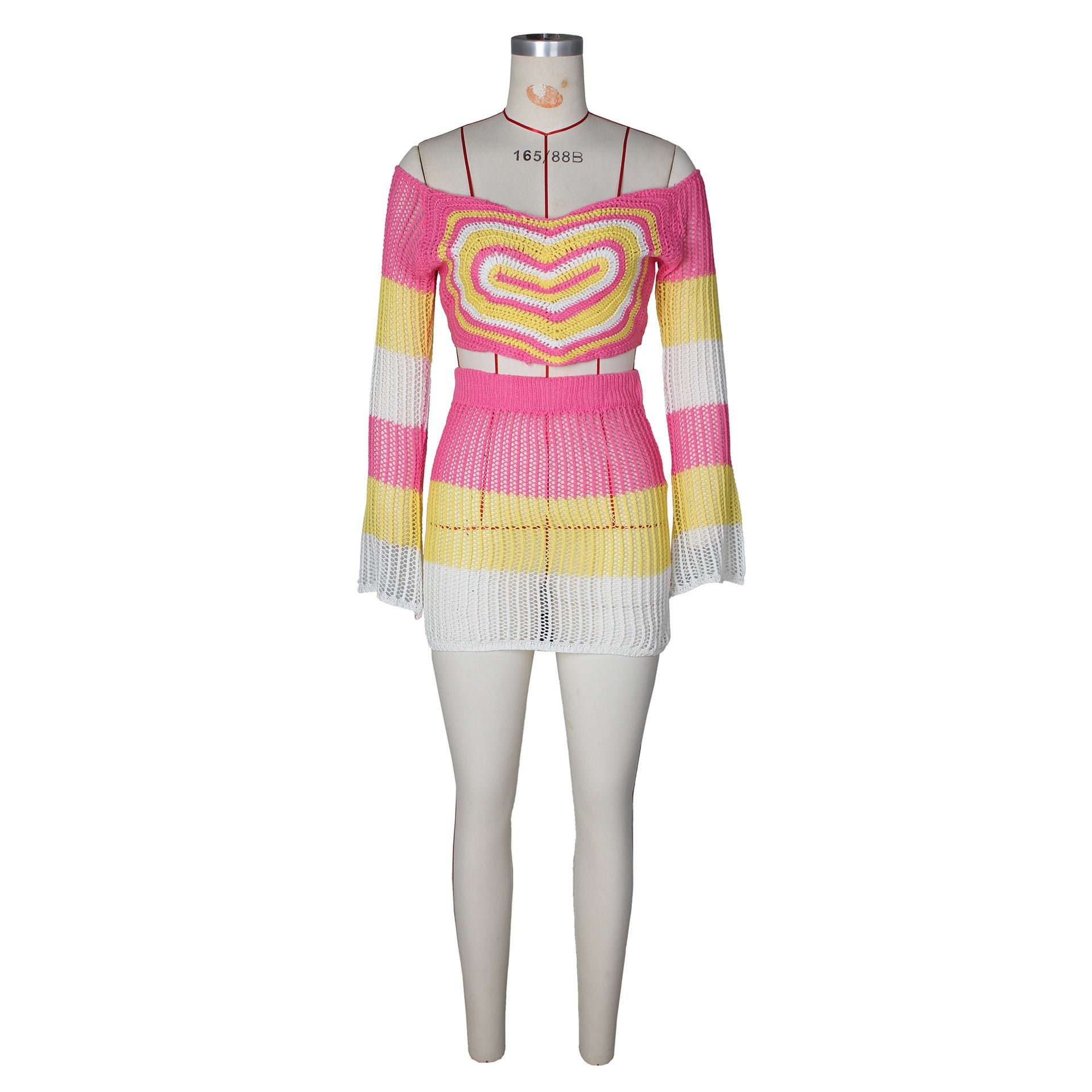 Spring Summer Crochet Heart Print Multi-Color Slim Two-Piece Skirt Set 11