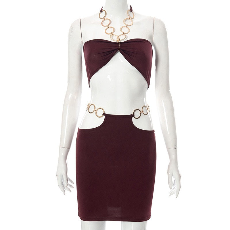 Spring Women'S Metal Ring Halter Neck Sexy Two Piece Skirt Set 8