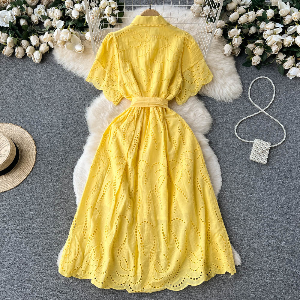 Women Turndown Collar Puff Sleeve Lace Hollow French Maxi Shirt Dress 20