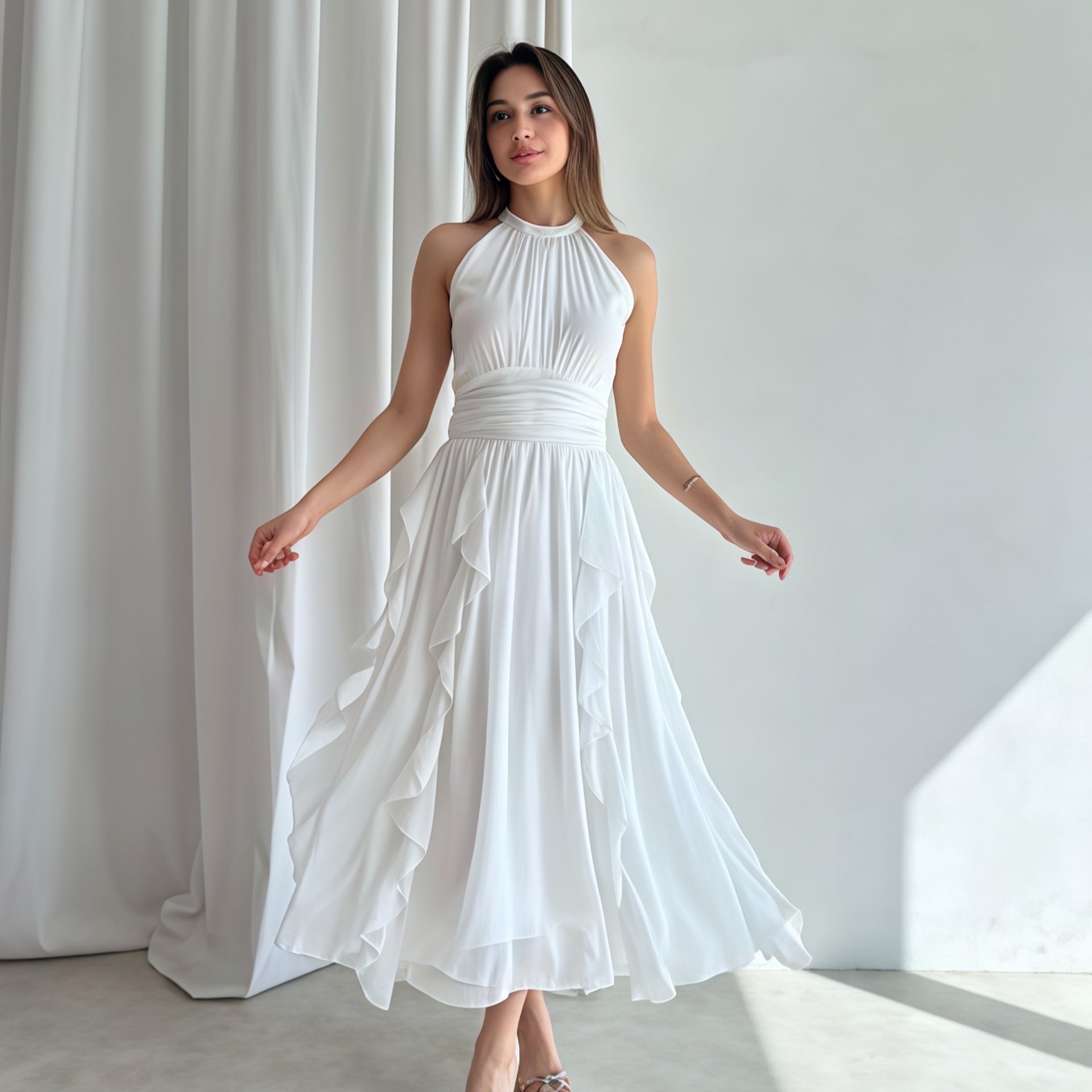 Summer Women's Chic Flounce Slim Waist Slim Fit Ruffled Dress 3