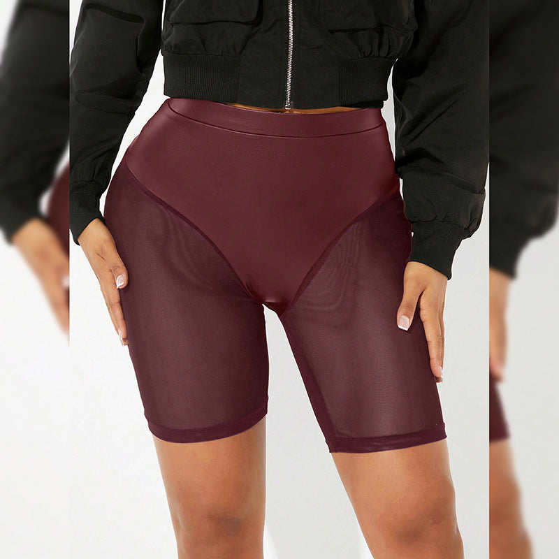 Spring & Summer Women's Solid Color Elastic Waist See-Through Mesh Leather Patchwork Tight-Fitting Knee-Length Shorts