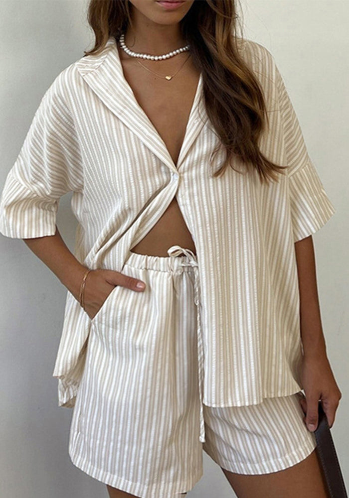 Stand Collar Short Sleeve Striped Shirt Loose Shorts Comfortable Casual Two-Piece Set