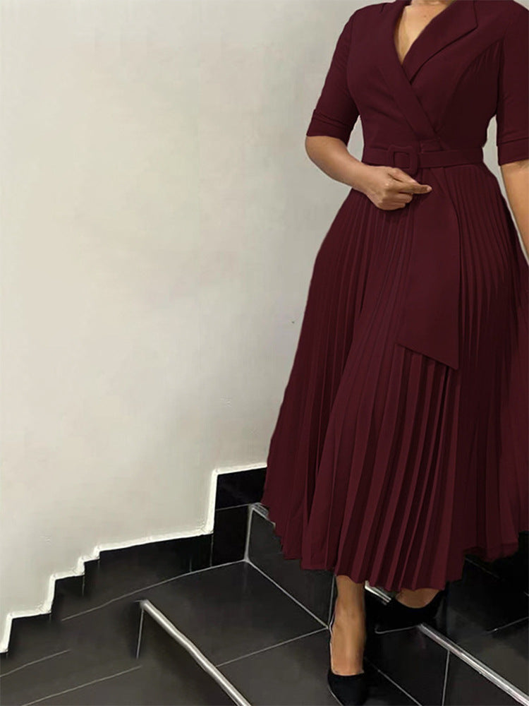 African Women Turndown Collar Lace-Up Pleated Dress 9