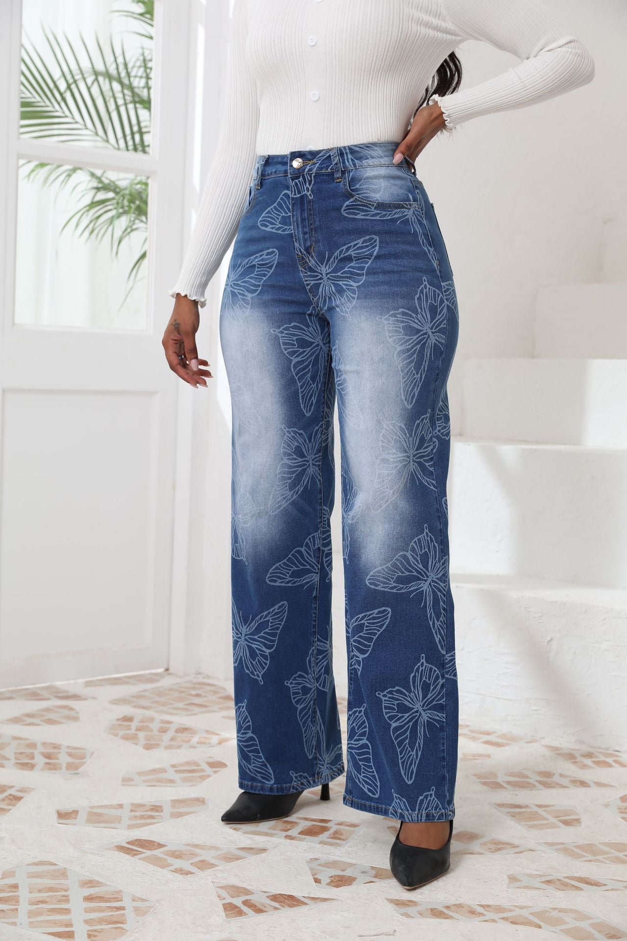 Plus Size Women Autumn and Winter Jacquard Denim Pants 3