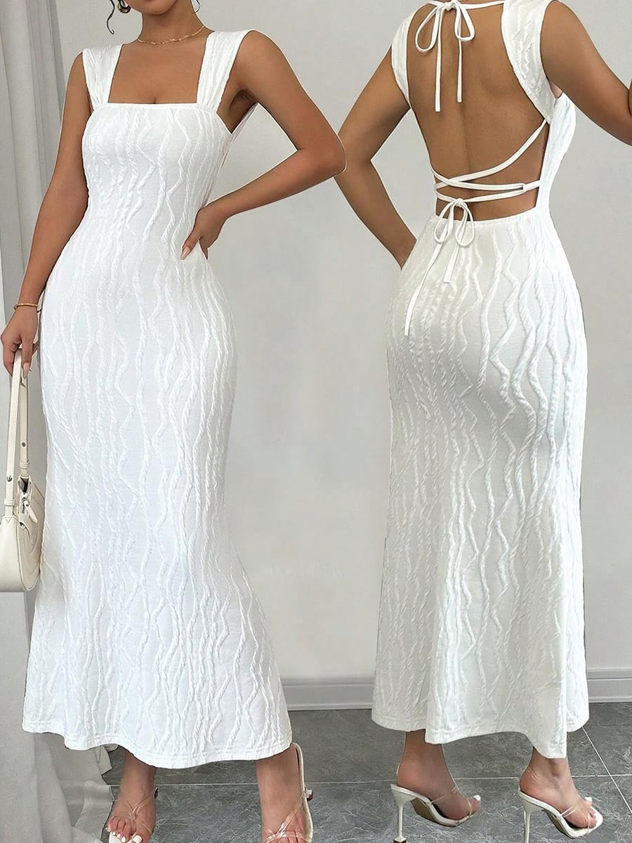 Striped Sexy Square Neck Strappy Low Back Long Dress