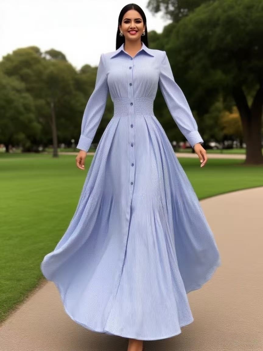 Striped Turndown Collar Long-Sleeve Button Slim Waist A-Line Gown 3