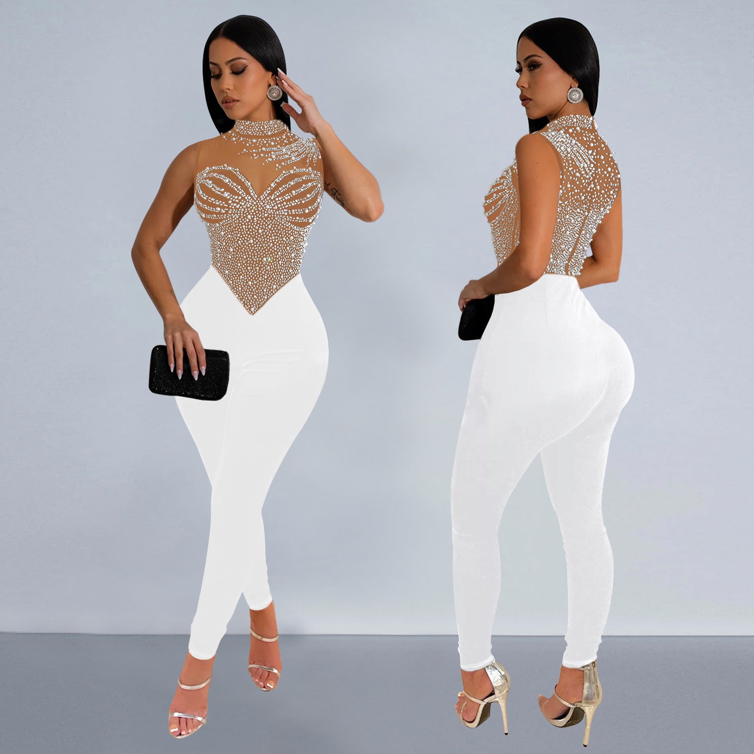 Fashionable Women's Solid Color Mesh Beaded Sleeveless Sexy Jumpsuit 6