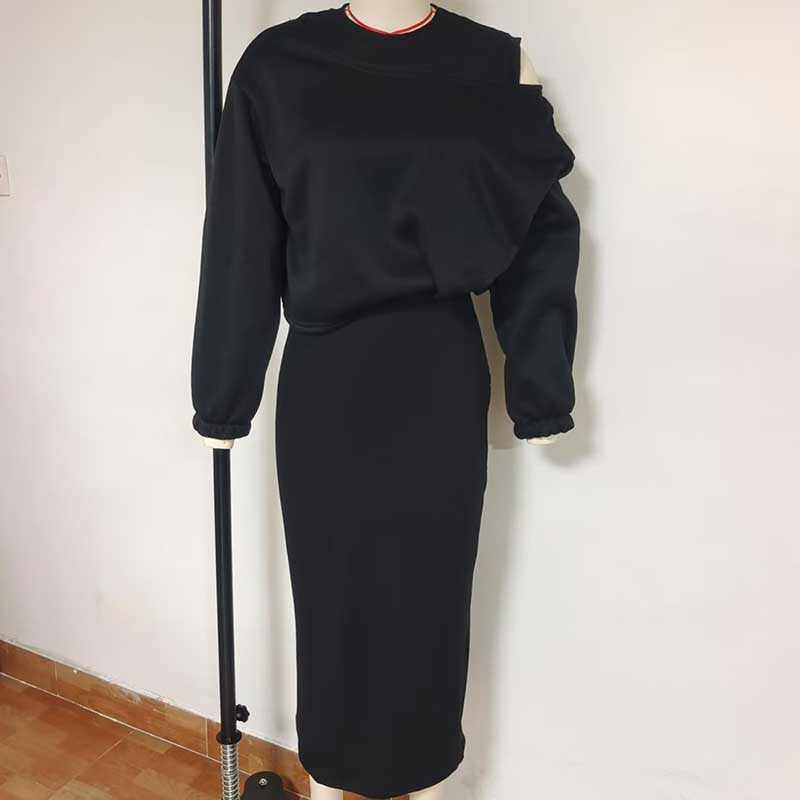 Autumn Loose Off Shoulder Bat Sleeves Top Long Skirt Two Piece Set For Women 21