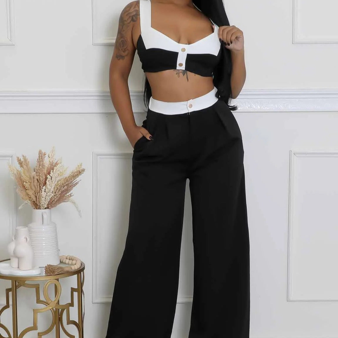 Women's Sleeveless Color-Block High-Waisted Wide-Leg Pants Set 4