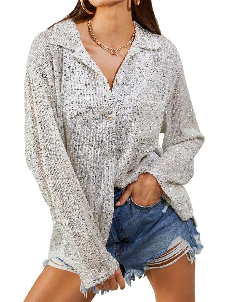 Women Sequin Long Sleeve Turndown Collar Casual Shirt 4