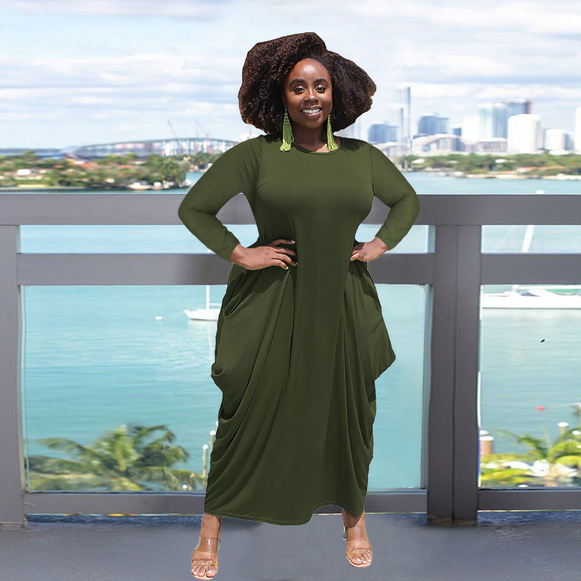 Autumn Solid Color Round Neck Long Sleeve Irregular Women's Dress 3