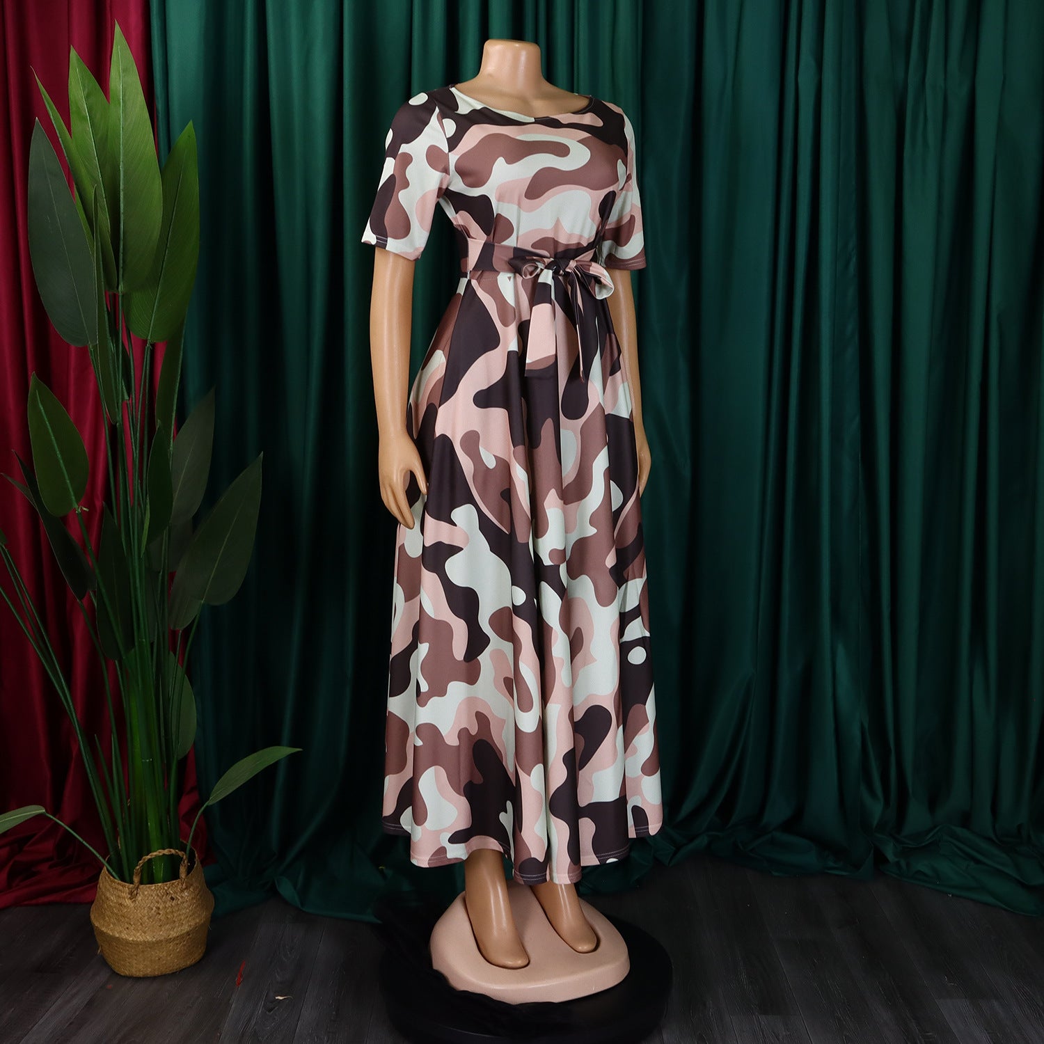 Women's Fashion Chic Tie-Waist African Plus Size Short Sleeve A-Line Dress 32