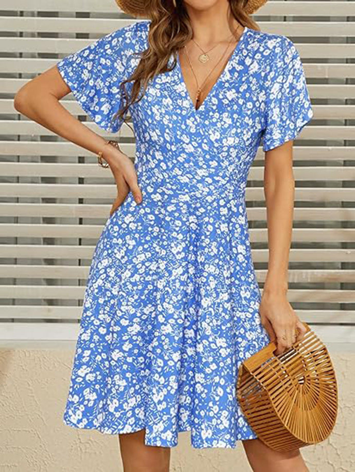 Women summer floral short-sleeved v-neck dress 9