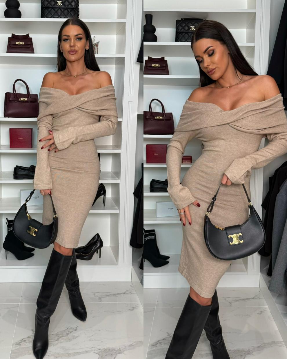 Women Solid Off Shoulder Long Sleeve Dress 5
