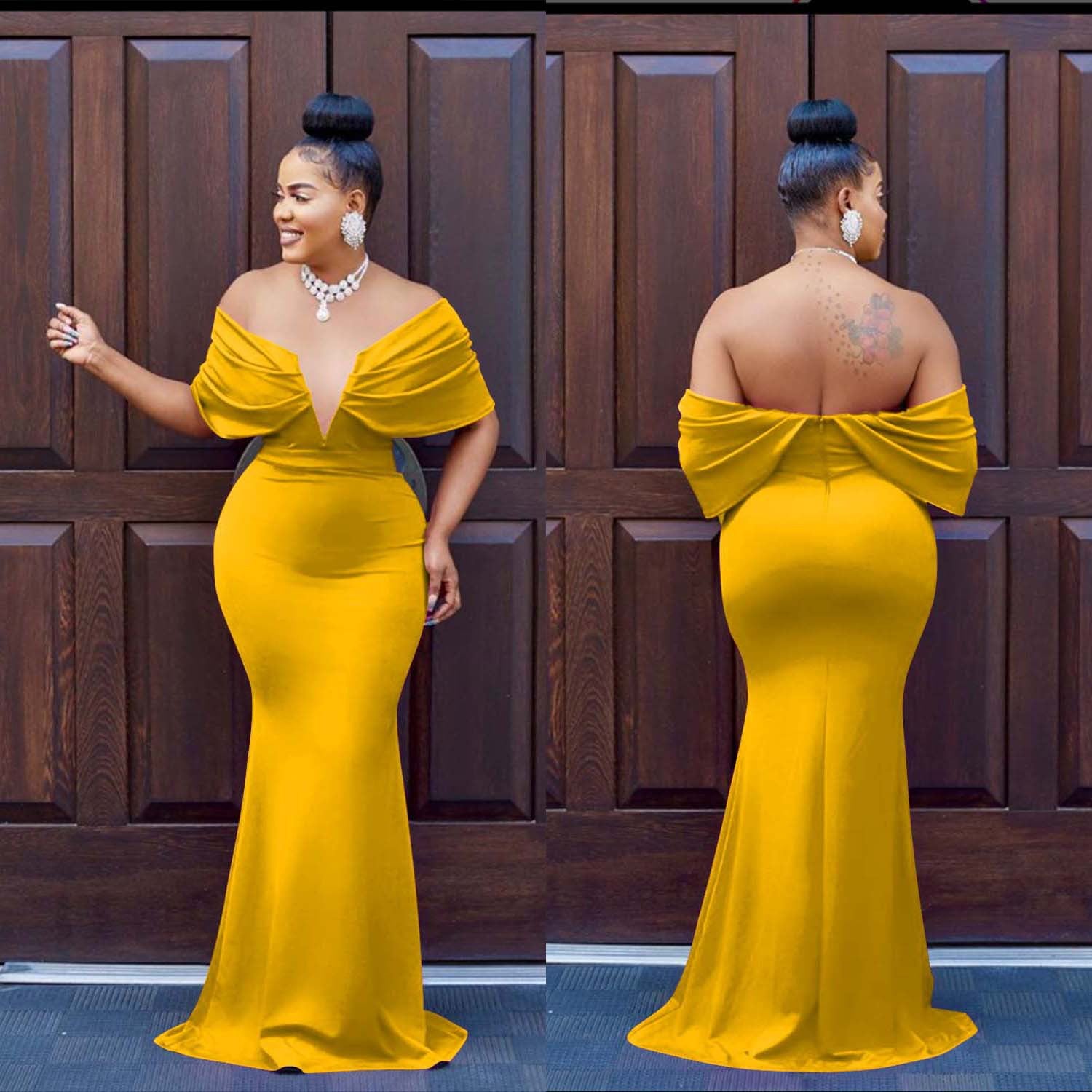 Women's Fashion Solid Color Off Shoulder Deep V Low Back Mermaid Dress 5